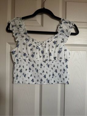NWT Love Tree White Floral Smocked Crop Top with Ruffle Straps, Various Sizes